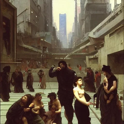 Prompt: a scene taking place in a cyberpunk metropolis, oil on canvas, academic art, eclecticism, William-Adolphe Bouguereau, Henryk Siemieradzki, Alexandre Cabanel