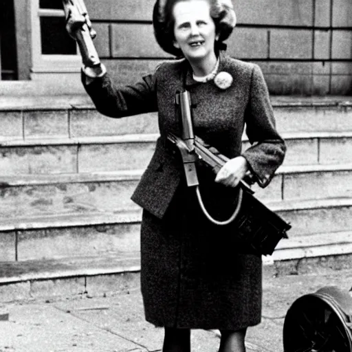 Image similar to Margaret Thatcher carrying a machine gun