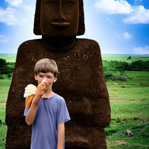 Image similar to a very disgusted and crying kid holding and looking an ice cream cone with a small moai statue in the cone, 4 k photograph