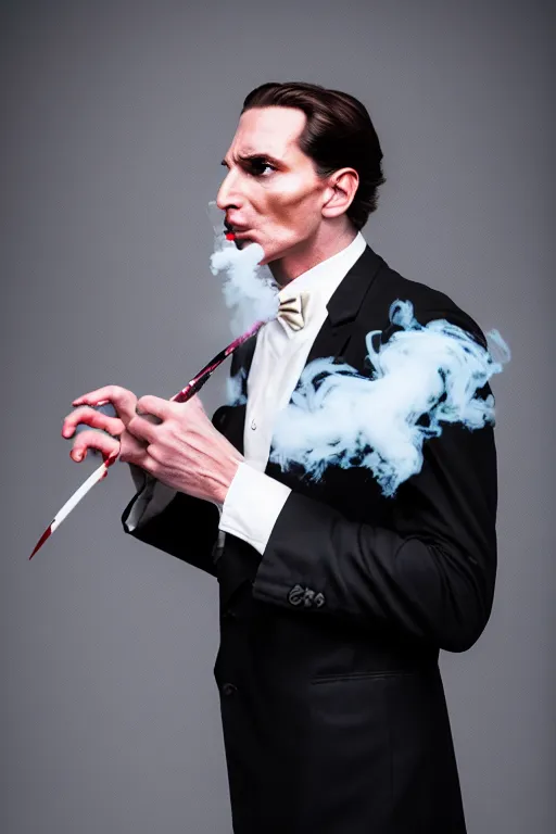 Image similar to patrick bateman smoke opps, high resolution, photorealistic, smooth, details, 4 k, aesthetic lighting, baroque object, sharp focus, hyperdetailed object, professional photography, pullitzer winning, 8 0 0 photo by : canon eos 5 d mark iv, by karah mew and adnan abidi and jodie bateman