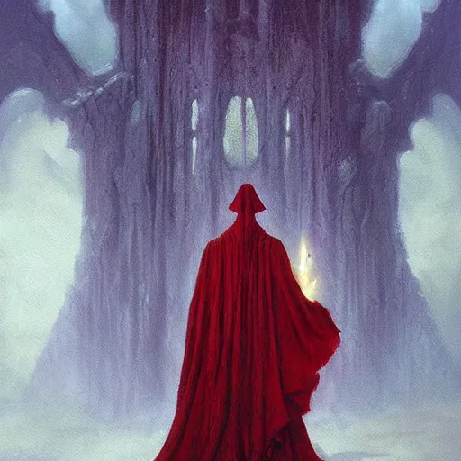 Image similar to fantasy painting with a wizard in red robes in a surreal environment by greg rutkowski and michael whelan w 1 0 2 4