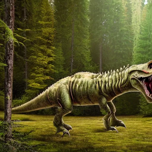 Image similar to a t rex in an canadian forest, 4 k high - resolution photograph, ultra detail, hd photo