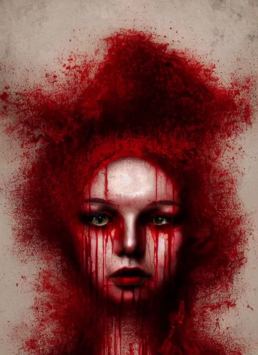 Image similar to dramatic red matte portrait painting of woman with black mandelbrot fractal instead of face, horror, body horror, dark art, 4 k, detailed, realistic, psychotic, insane, crazy, mental illness, dramatic,