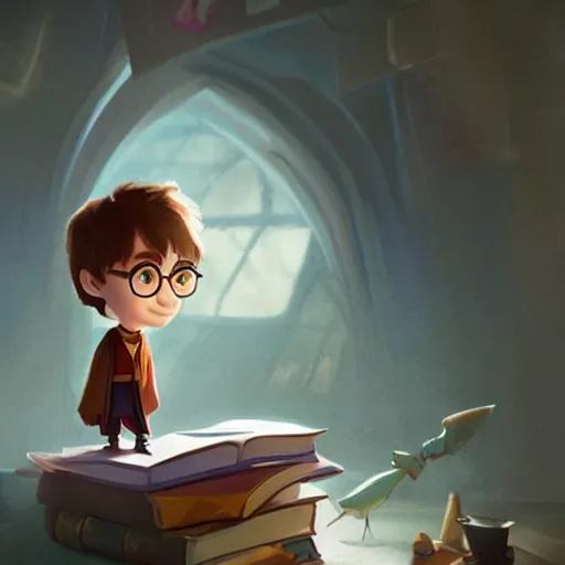 Image similar to a wholesome animation key shot of a cute chibi harry potter student, colorful, pixar and disney animation, sharp, very detailed, high resolution, key art by greg rutkowski, bloom, dramatic lighting