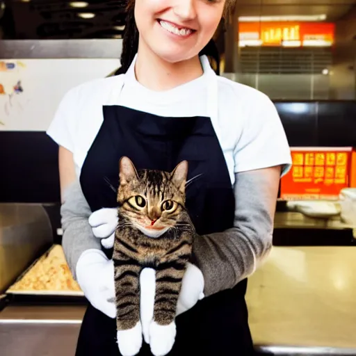 Image similar to a humanoid cat fast food worker
