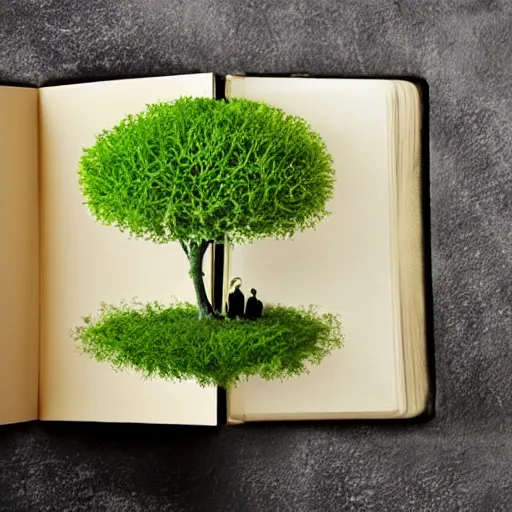 Image similar to sprouts in the shape of text 'Imagine' coming out of a fairytale book