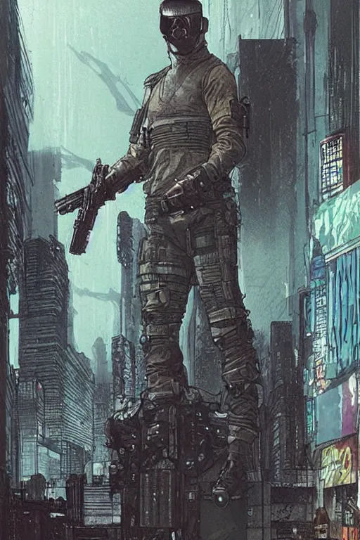 Image similar to Deadly blackops mercenary. cyberpunk. Blade Runner 2049. concept art by James Gurney and Mœbius.