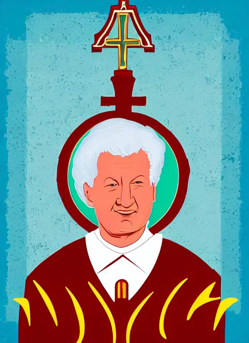 Prompt: president yeltsin with a bottle of vodka, icon with a halo, color art in a church style