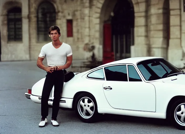 Image similar to color photo of a cool handsome photomodel with arms crossed leaning against a white porsche 9 1 1 in the 8 0's. girl beside him