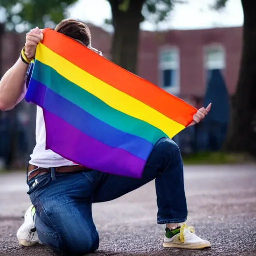 Image similar to lgbt man kneeling on the ground crying, his hands on the ground, holding an lgbt flag, tears coming down his eyes