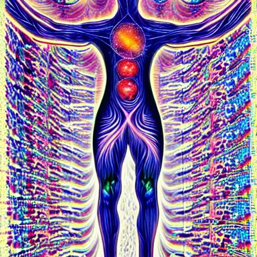 Prompt: A psychedelic silhouette of a human body filled with the universe, planets, stars and galaxies in the style of Alex Grey
