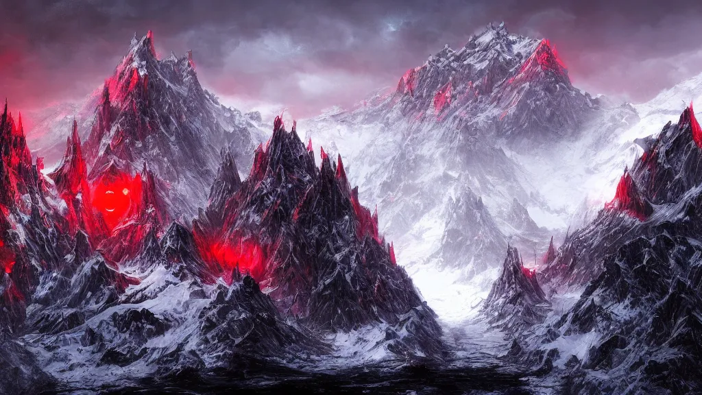 Prompt: huge mountain fortress with a dark tower that has a glowing red eye on a snowy mountain by eugene von guerard, ivan shishkin, dramatic lighting, concept art, trending on artstation, 8 k