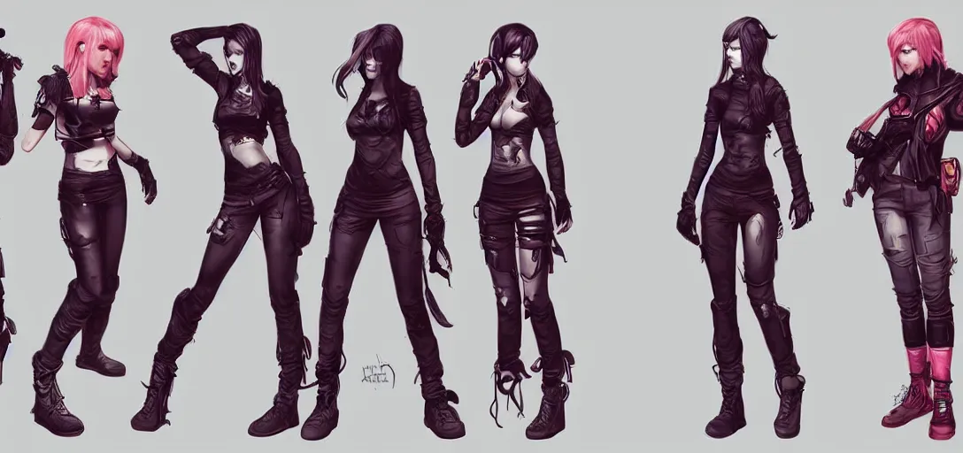 Image similar to character sheet concept art of female video game characters, streetwear, futurepunk, dark, moody, by marc brunet and artgerm