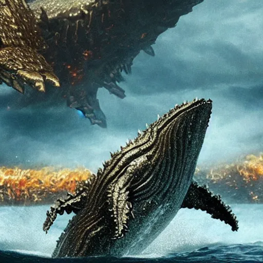 Image similar to whale in gold and silver armor fighting in the depths against godzilla, who has six arms and 5 0 legs