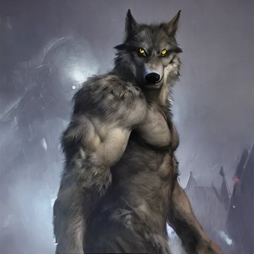 Prompt: werewolf wearing a suit by ruan jia, portrait