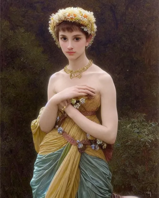 Prompt: a girl who resembles a 16-year old Audrey Hepburn and Scarlett Johansson, dressed in ornate, detailed, intricate iridescent opal armor, detailed oil painting by William Adolphe Bouguereau and Donato Giancola