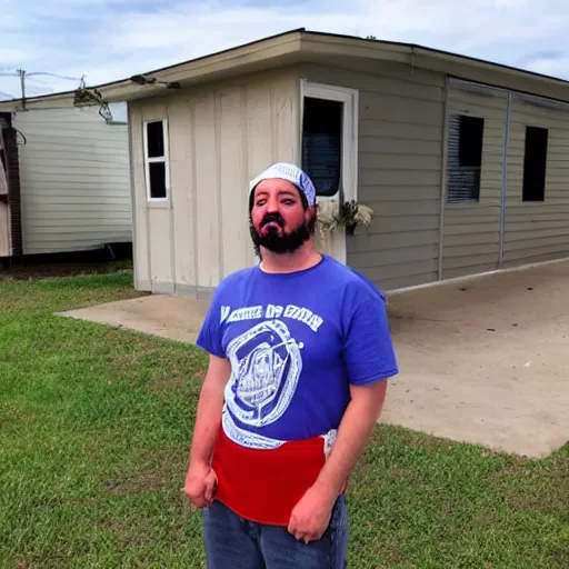 Image similar to anime ethank klein from h 3 h 3 dressed as an american redneck, standing in front of a mobile home in northern georgia, usa