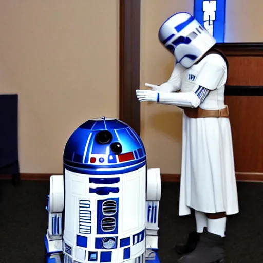 Image similar to photo of r 2 - d 2 getting baptized in church