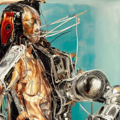 Image similar to high quality high detail painting by lucian freud and jenny saville, hd, samurai robot, turquoise