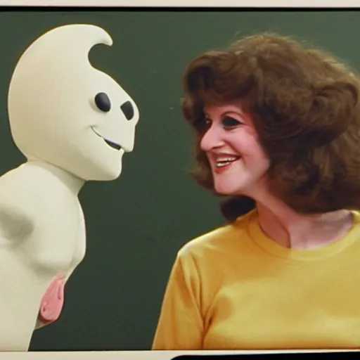 Prompt: 1976 color archival photo of a woman and a puppet that looks like Caspar the Friendly Ghost, in a sidewalk cafe, 16mm film soft color, earth tones and some primary colors 1976, archival footage, in style of doris wishman russ meyer, woman looks like gilda radner