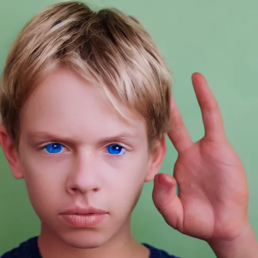 Image similar to portrait of a boy with his hand on his face, extremely realistic and real, photorealistic, blonde hair and blue eyes, detailed facial structure, real eyes that are detailed, real hands