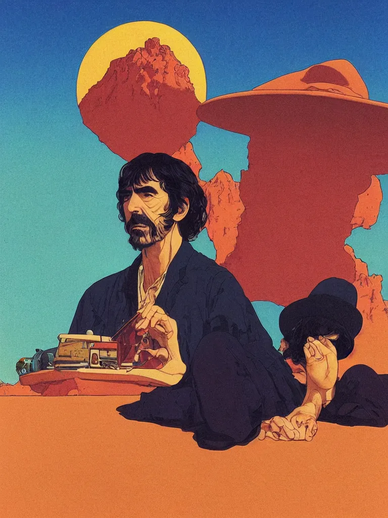 Image similar to a closeup portrait of george harrison, taking mind altering drugs, a blotter paper of lsd acid and dreaming psychedelic hallucinations in a vast desert landscape, by kawase hasui, moebius, edward hopper, colorful flat surreal design, dramatic lighting, hd, 8 k, artstation