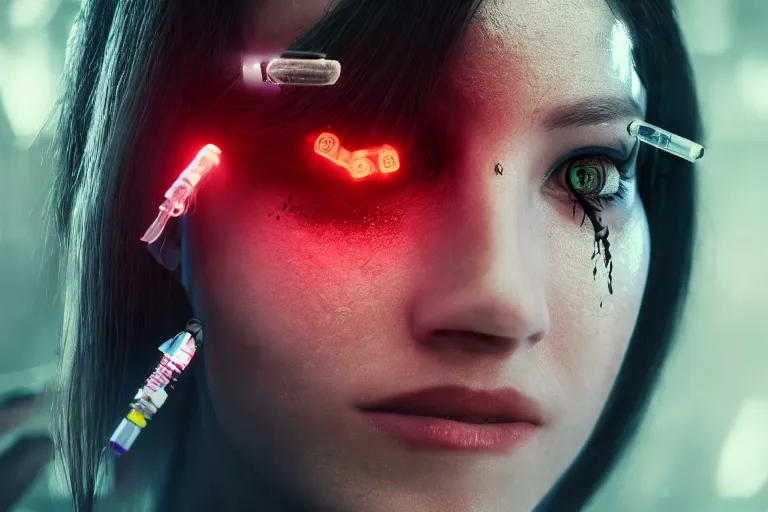 Prompt: Cyborg ​​girl transforming face fangs, syringes, forest, fog, volumetric light, cinematic, style by Cyberpunk 2077