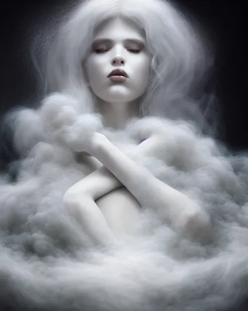 Image similar to monochrome, soft, dreamy, subsurface scattering, white, young beautiful goddess in cosmos with very long white hair floating in air, fluid smoke art, black and white, octane render, dino valls, mark ryden, joe fenton, michal karcz, highly detailed, rim light, art, cinematic lighting, very coherent, hyper realism, 8 k