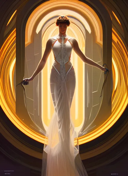 Image similar to symmetry!! portrait bride, going down the stairs, futurism, sci - fi, glowing lights!! intricate, elegant, highly detailed, digital painting, artstation, concept art, smooth, sharp focus, illustration, art by artgerm and greg rutkowski and alphonse mucha, 8 k