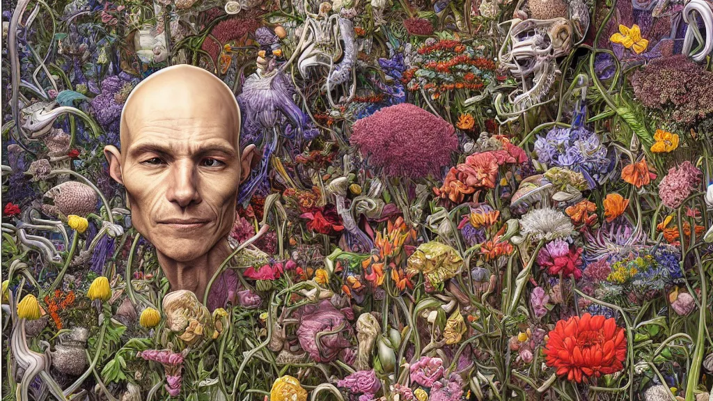 Image similar to highly detailed illustration of a human anatomy head surrounded all the known species of flowers by juan gatti, by moebius!!, by oliver vernon, by joseph moncada, by damon soule, by manabu ikeda, by kyle hotz, by dan mumford, by kilian eng