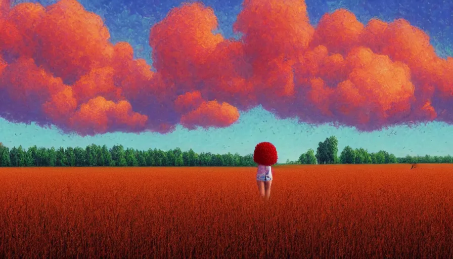 Image similar to giant red carnation afro head, full body, girl watching sunset, empty wheat field, surreal photography, forest background, dramatic light, impressionist painting, colorful clouds, digital painting, pointillism, artstation, simon stalenhag