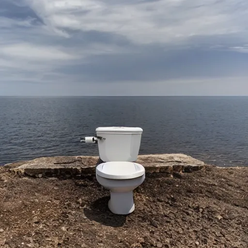 Prompt: a toilet filled with kitchen utensils instead of water, on an island, view from front