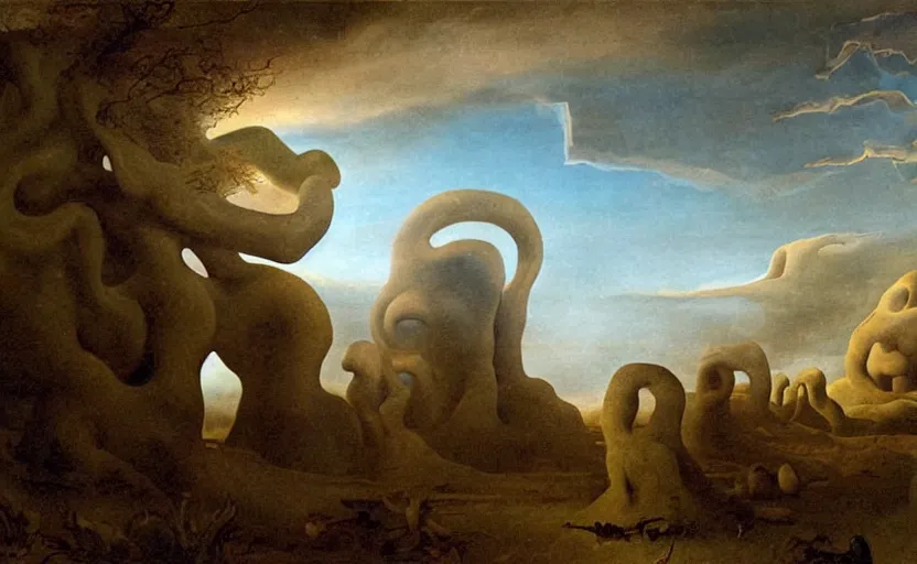 Image similar to strange disturbing surrealistic landscape with very small strange figures in the distance with large looming biomorphic figures looming inthe foreground, cast shadows, chiaroscuro, painted by dali and rachel ruysch, timeless disturbing masterpiece