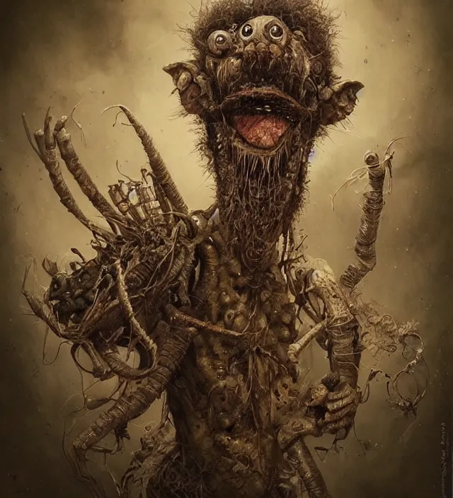 Image similar to hyper realistic portrait of postapocalyptic muppet show monster goblin, cinematic, symmetric, jean baptiste monge, scott radke