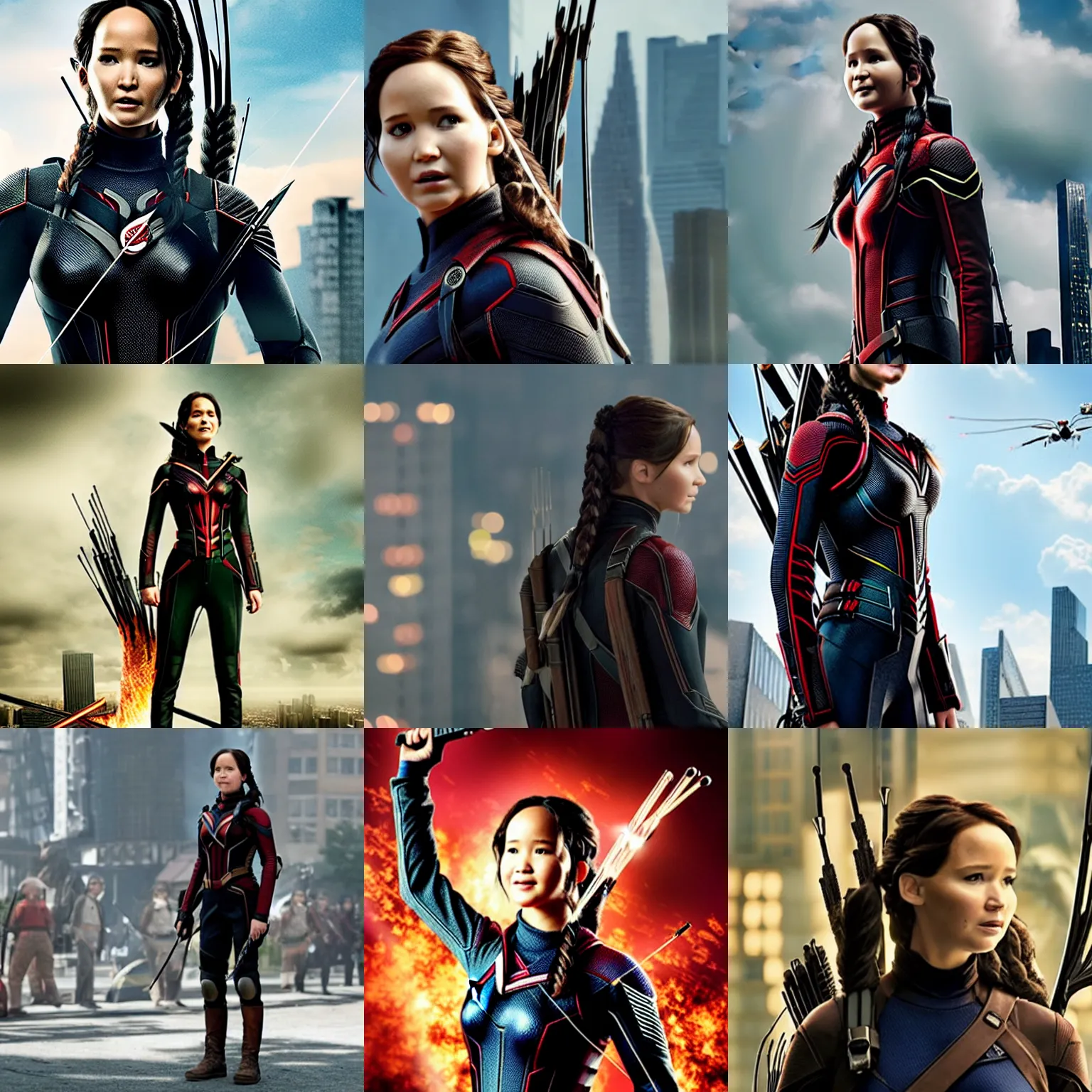 Prompt: Katniss Everdeen grows to an enormous size and towers over a city, film still from 'Ant-Man and the Wasp'