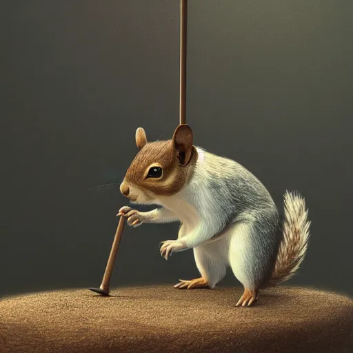 Image similar to an old squirrel walking with a walking cane, painted by Mike Winkelmann