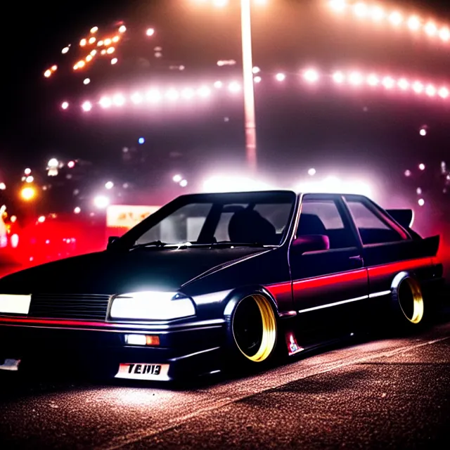 Image similar to a car R31X twin turbo drift at illegal car meet, Kanagawa prefecture, city midnight mist lights, cinematic lighting, photorealistic, highly detailed wheels, high detail