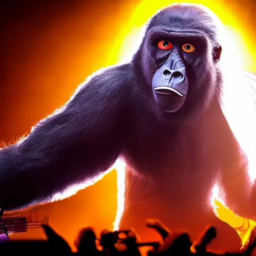 Image similar to King Kong performs with Arctic Monkeys on stage, 4k, music festival, epic, photo