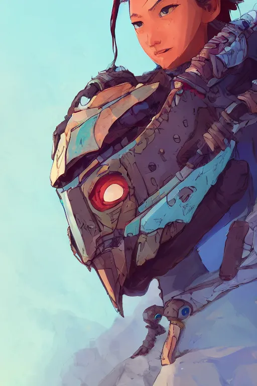 Image similar to combination suit armor aloy horizon forbidden west horizon zero dawn robot ninja mask helmet backpack tribal, gta 5 comics, official fanart behance hd artstation by jesper ejsing, by rhads, makoto shinkai and lois van baarle, ilya kuvshinov, ossdraws