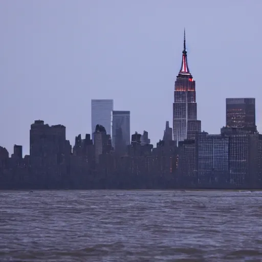 Image similar to flooded NYC with only the Empire State Building visible above the water