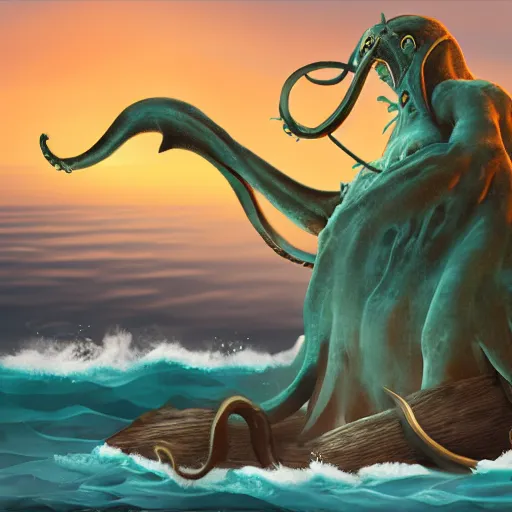 Prompt: a powerful wizard casting spells at a kraken in the ocean, digital artwork