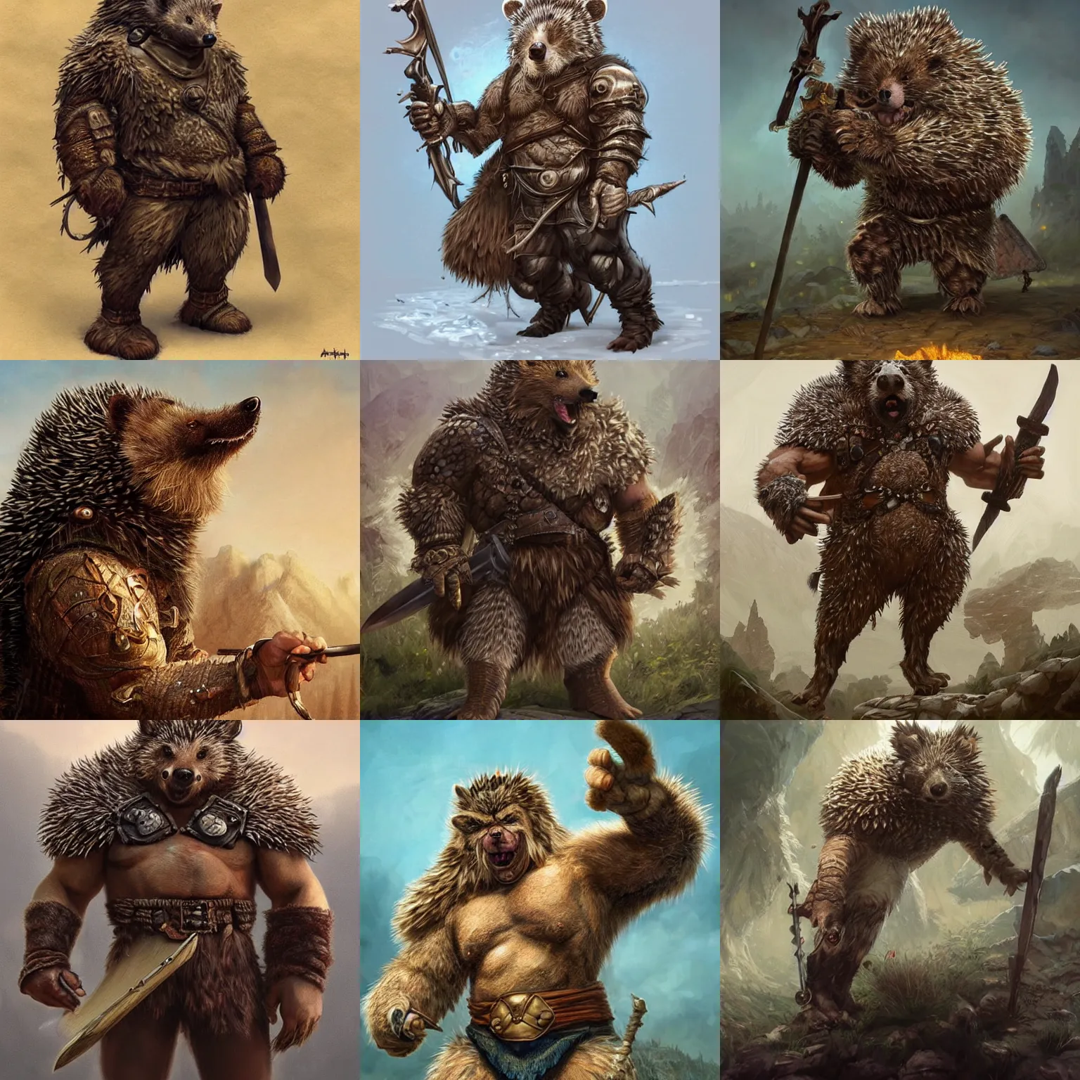 Prompt: anthropomorphic rugged hedgehog!!! with furry!! oversized barbarian muscular armored upper body, long hair, 👅 👅 , D&D, fantasy, intricate, elegant, highly detailed, digital painting, artstation, concept art, smooth, sharp focus, illustration, art by artgerm and beeple and greg rutkowski and alphonse mucha