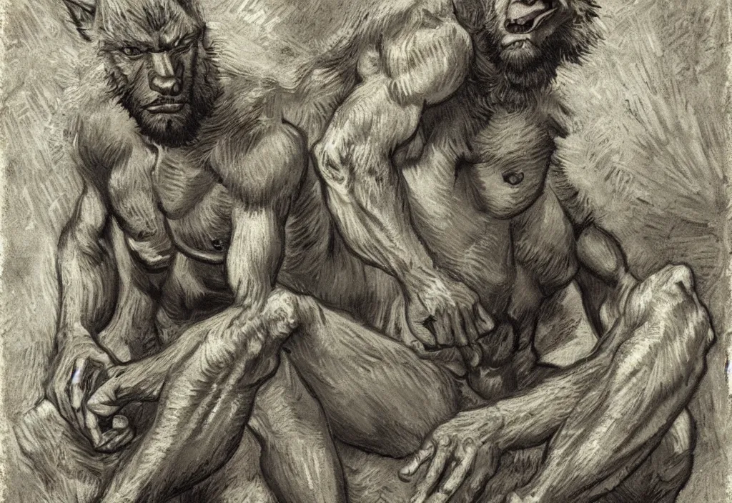 Prompt: Portrait of a rugged werewolf sitting down, male, muscular, detailed face, bare thighs!!!, simple clothing!!!!!, fantasy, medieval, highly detailed, cinematic lighting, digital art painting by van Gogh