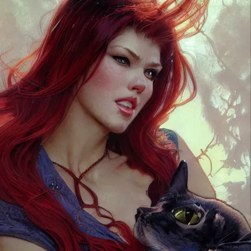 Prompt: highly detailed closeup portrait of beautiful cat woman with red hair, very detailed, realistic, card, by Stanley Artgerm Lau, greg rutkowski, thomas kindkade, alphonse mucha, loish, norman rockwell J.