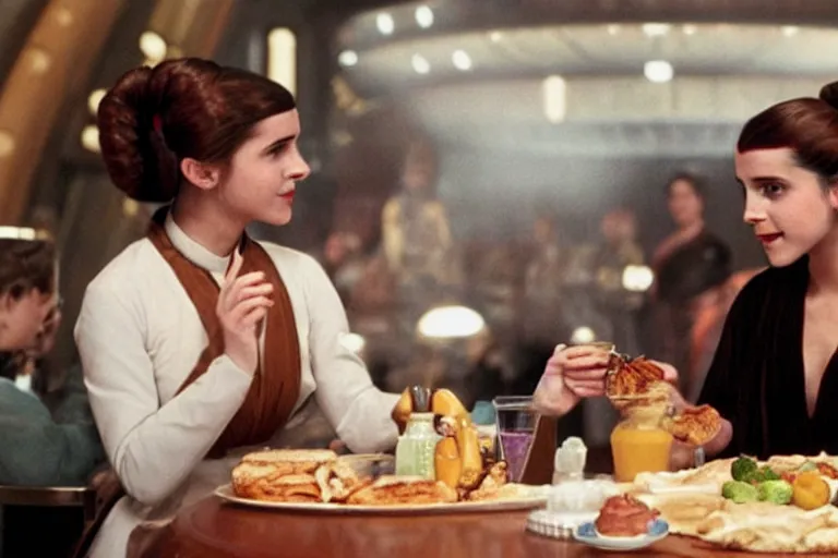 Image similar to princess leia having lunch with emma watson at quark's bar on deep space nine