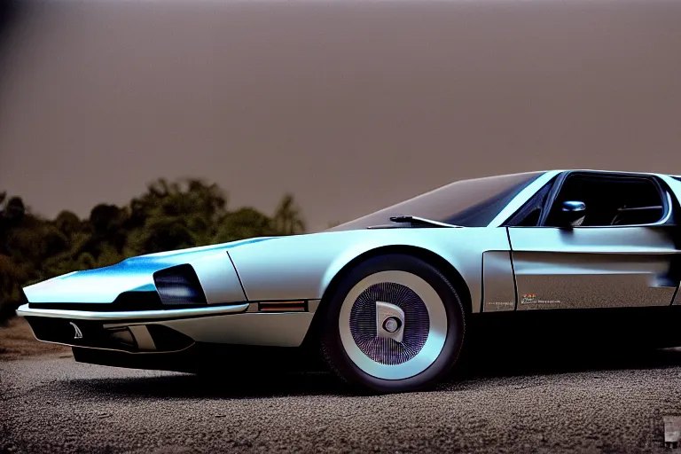 Image similar to designed by john delorean stylized poser of a single 1 9 6 9 fastback mustang ( mk 2 ford gt 4 0 ) delorean, large led lights, ektachrome photograph, volumetric lighting, f 8 aperture, cinematic eastman 5 3 8 4 film