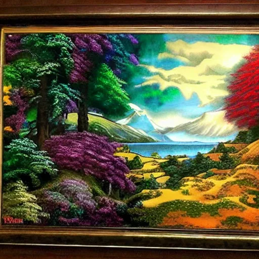 Prompt: a bob ross painting mixed with thomas kinkade mixed with alex grey mixed with mc escher mixed with davinci mixed with michelangelo