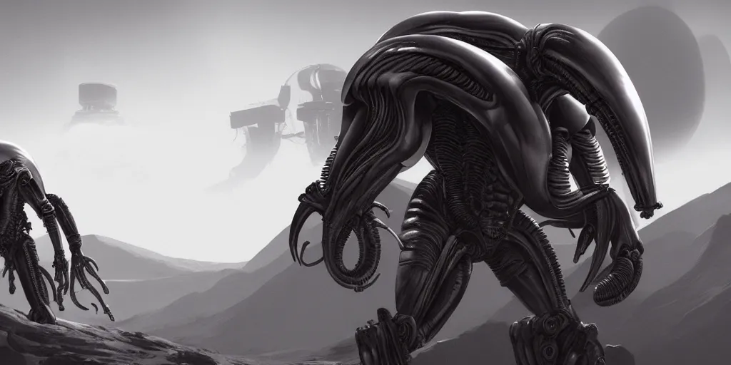 Image similar to single mono colossal android, in the background are xenomorphs, mars, artstation cinematic