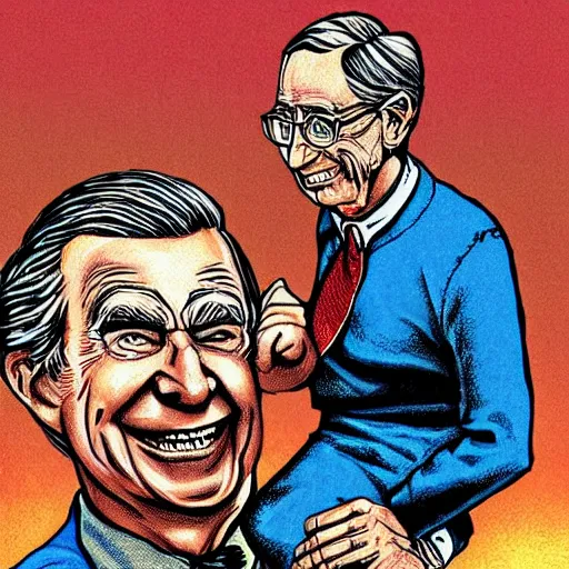 Prompt: mr. rogers being physically overpowered by an evil puppet, detailed horror illustration