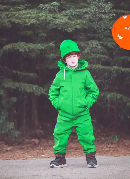 Image similar to portrait photo still of real life young kyle broflovski wearing an orange jacket and green hat, 8 k, 8 5 mm, f. 1 4